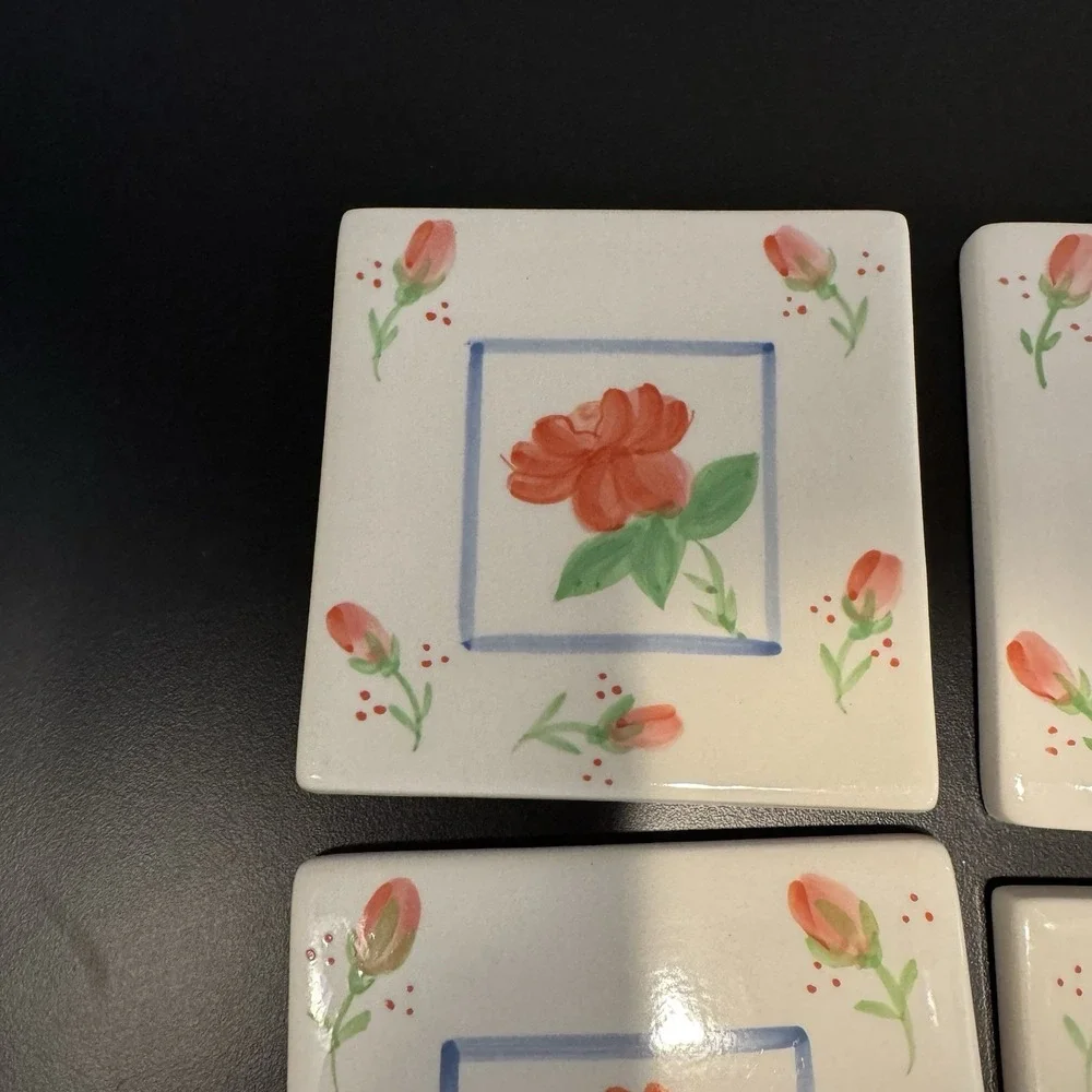 Set of 4‎ Whittard of Chelsea Ceramic Tile Coasters English Rose Floral 4x4